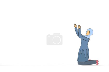 Eine einzige Zeile zeichnet eine kniende arabische Geschäftsfrau, die die Hände zum Gebet erhebt. Beten, um das Geschäft zu erleichtern. Die Geschäftsfrau verlor die Hoffnung. Kapitulation. Durchgehende Liniengestaltung grafische Illustration