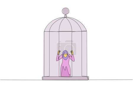 Single continuous line drawing Arab businesswoman trapped in cage kneeling holding iron bars. Framed by business partner. Have to bear all the consequences. Unfair. One line design vector illustration