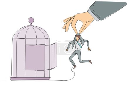 Single one line drawing big hands holding businessman and want put in a cage. Trapping roughly. Beating a business opponent by cheating. Unfair business. Continuous line design graphic illustration