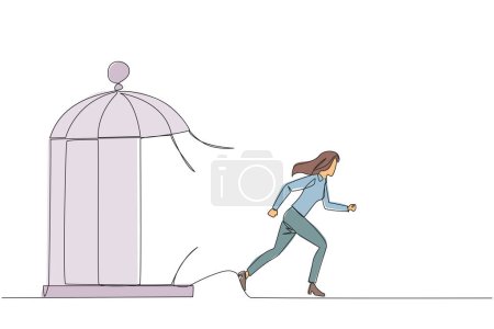 Eine durchgehende Linie zeichnet eine junge Geschäftsfrau, die im Käfig gefangen ist und durch den Käfig läuft. Metapher durchdringt die maximale Grenze des Selbst. Der Wunsch nach Erfolg. Illustration eines Linien-Designvektors