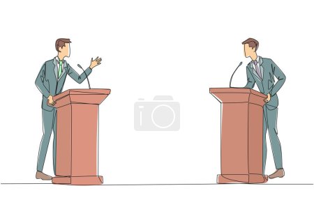 Single continuous line drawing two young businessmen arguing on the podium. Throwing opinions on the best way to deal with global warming. Open dialogue. Debating. One line design vector illustration