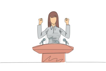 Continuous one line drawing young businesswoman speaking at the podium while raising and clenching both hands. Styled like a politician seeking votes. Single line draw design vector illustration