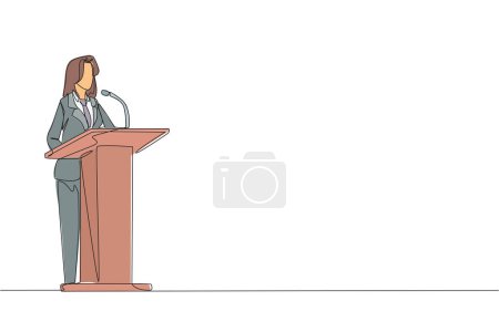 Single continuous line drawing inspirational businesswoman give a speech at the podium. Convey tips for success in doing business by continuing to preserve nature. One line design vector illustration