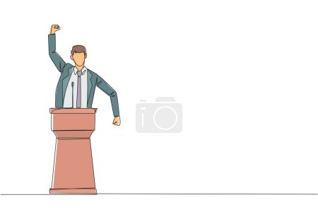 Continuous one line drawing young businessman speak at the podium by clenching fists at head height. Doing oration. Leadership concept. Burning spirit. Single line draw design vector illustration