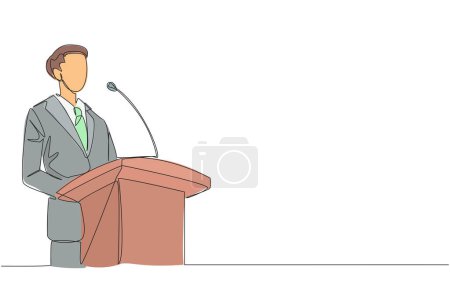 Single continuous line drawing young happy businessman speaking at the podium. Announced greatly improved business balance sheet. A fun speech for all parties. One line design vector illustration