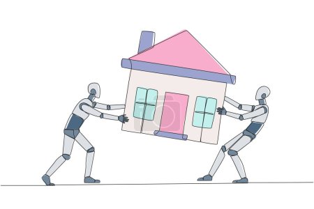 Continuous one line drawing two emotional robot fighting over miniature house. The concept of fighting for luxurious house that they really want. AI tech. Single line draw design vector illustration