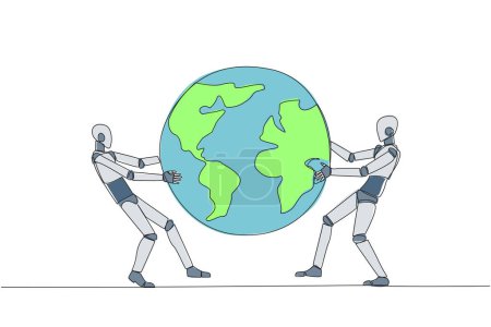 Single one line drawing two strong robot fighting over the globe. Fighting over the area that will be the target of sales expansion. Aggressive. Humanoid. Continuous line design graphic illustration
