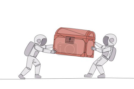 Continuous one line drawing two angry astronaut fighting over the treasure chest. Feel most entitled to the discovery of treasure. Rivalry and competition. Single line draw design vector illustration