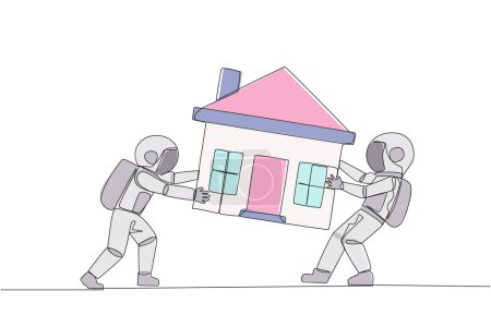 Single one line drawing two emotional astronaut fighting over miniature house. Concept of fighting for luxurious house that they really want. RIval. Cosmic. Continuous line design graphic illustration
