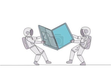 Single one line drawing two emotional astronaut fighting over the laptop. Fighting for information about very good area to be the next target market. Space. Continuous line design graphic illustration