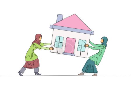 Single one line drawing two emotional Arabian businesswoman fighting over miniature house. Concept of fighting for luxurious house that they really want. Continuous line design graphic illustration