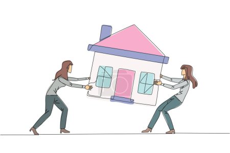 Single one line drawing two emotional businesswoman fighting over the miniature house. The concept of fighting for luxurious house that they really want. Continuous line design graphic illustration