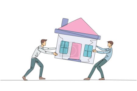 Continuous one line drawing two emotional businessman fighting over miniature house. The concept of fighting for luxurious house that they really want. Single line draw design vector illustration