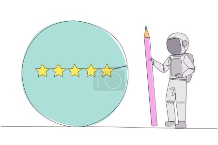 Continuous one line drawing astronaut stand holding large pencil and next to is a large circle encircling all 5 stars. Five star rating positive feedback. Cosmic. Single line draw vector illustration