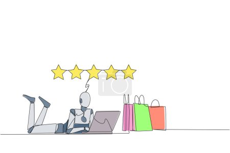 Continuous one line drawing robot on stomach while typing on laptop. Next to the laptop is a shopping bag. Give the best review with pleasure. Future tech. Single line draw design vector illustration