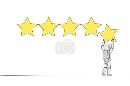 Single one line drawing astronaut holding up a star with both hands and pasting it up to make 5 stars in a row. Give the best review. Online shop. Cosmic. Continuous line design graphic illustration