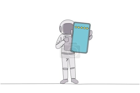 Continuous one line drawing astronaut standing holding smartphone showing screen to the front. Giving review of 5 star to online seller. Satisfied customer. Single line draw design vector illustration