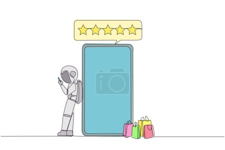 Single one line drawing young happy astronaut leaning on giant smartphone while typing on smartphone. Concept of online shop. Review five gold star. Cosmic. Continuous line design graphic illustration
