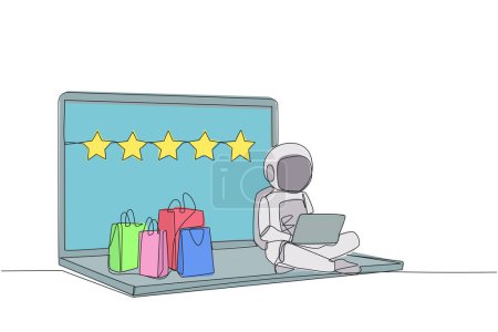 Single continuous line drawing happy astronaut sitting on giant laptop typing on laptop. Bought a lot from online shop. Give a review of 5 stars. Ecommerce. Cosmic. One line design vector illustration