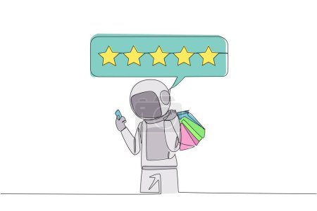 Illustration for Continuous one line drawing happy astronaut holding several shopping bags. The other hand typing on the smartphone gives a 5 star review. Online shopping. Single line draw design vector illustration - Royalty Free Image