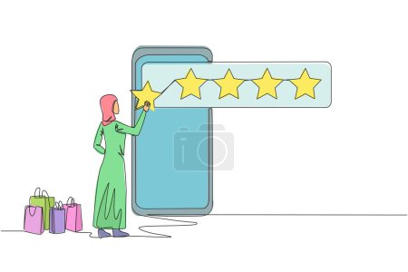 Eine durchgehende Linie zeichnet eine Araberin, die vor einem großen Smartphone steht und versucht, einen Stern zu kleben, so dass daraus 5 Sterne werden. Bewertungen für Online-Shops. Einzeiliges Zeichnen Design Vektor Illustration