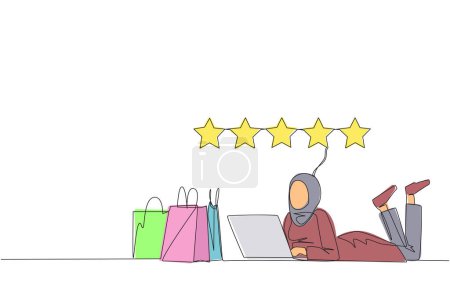 Single continuous line drawing young Arabian woman on stomach while typing on laptop. Next to the laptop is a shopping bag. Give the best review with pleasure. One line design vector illustration