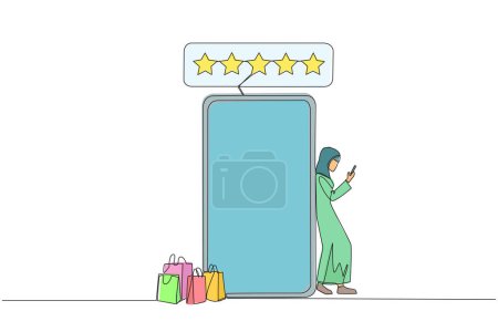 Continuous one line drawing young happy Arabian woman leaning on giant smartphone while typing on smartphone. Concept of online shop. Review five gold star. Single line draw design vector illustration