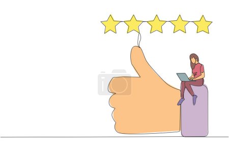 Single one line drawing young smiling woman sitting on thumbs up typing on laptop computer. Happy satisfied woman giving 5 gold stars. Online shop review. Continuous line design graphic illustration