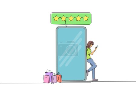 Single continuous line drawing young happy smiling woman leaning on giant smartphone while typing on smartphone. Concept of online shop. Review five gold stars. One line design vector illustration