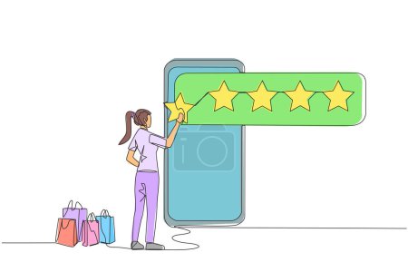 Eine einzige Zeile zeichnet eine glückliche Frau, die vor einem riesigen Smartphone steht und versucht, einen Stern zu kleben, so dass daraus 5 Sterne werden. Bewertungen für Online-Shops. Durchgehende Liniengestaltung grafische Illustration