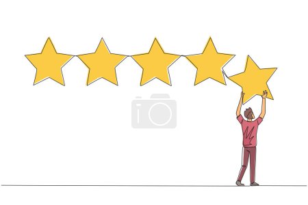 Illustration for Continuous one line drawing young man stood holding up a star with both hands and pasting it up to make 5 stars in a row. Give the best review. Online shop. Single line draw design vector illustration - Royalty Free Image