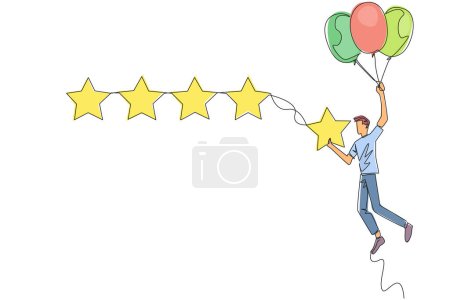 Eine Linie zeichnet einen jungen glücklichen Mann, der in einem Ballon fliegt, trägt 1 Stern und will ihn mit den anderen 4 Sternen ausrichten. Der Versuch, eine perfekte Bewertung zu geben. Durchgehende Liniengestaltung grafische Illustration