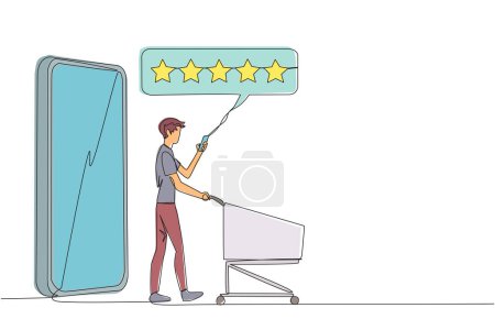 Illustration for Continuous one line drawing happy man walked out of large smartphone while pushing a shopping trolley. 5 stars rating review. E commerce. Review to seller. Single line draw design vector illustration - Royalty Free Image