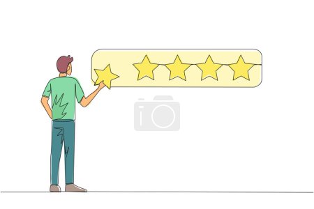 Illustration for Single one line drawing happy man standing holding 1 star and wants to make it 5 star array. Satisfied customers and give a perfect rating. Star rating. Continuous line design graphic illustration - Royalty Free Image