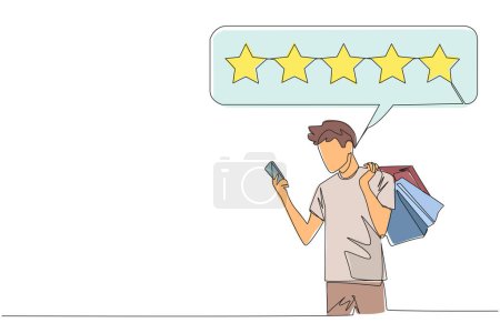 Illustration for Single continuous line drawing happy smiling man holding several shopping bags. The other hand typing on the smartphone gives a 5 star review. Online shopping. One line design vector illustration - Royalty Free Image
