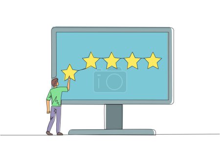 Single continuous line drawing man standing and trying to stick one star on the big monitor. Giving five star feedback. Giving stars quality result. Giving review. One line design vector illustration