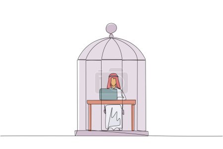 Une seule ligne dessinant un homme d'affaires arabe piégé dans une cage assis et tapant sur un ordinateur portable. Une routine de câblage. Homme d'affaires malheureux avec les nombreuses échéances. Illustration graphique en ligne continue