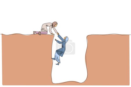 Single one line drawing Arabian businesswoman helps colleague climb a wide hole. Teamwork helps colleague who fallen. Inviting success together. Cohesive. Continuous line design graphic illustration