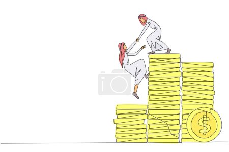 Un seul dessin en ligne continue homme d'affaires arabe aide collègue monter pile de pièces. Les métaphores aident à atteindre les objectifs financiers avant de prendre sa retraite. Travail d'équipe. Illustration vectorielle à une ligne