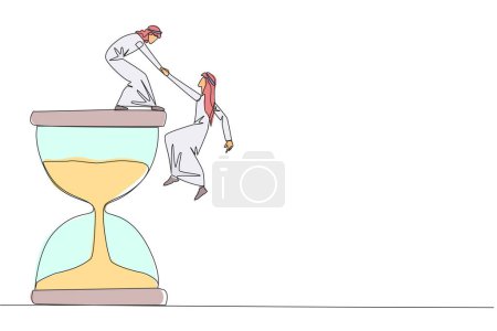 Illustration for Single continuous line drawing Arabian businessman helps colleague climb hourglass. Have many assignment deadlines. Sharing with colleagues will become easier. One line design vector illustration - Royalty Free Image