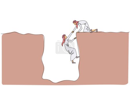 Continuous one line drawing Arabian businessman helps colleague climb a wide hole. Teamwork helps colleague who fallen. Inviting success together. Cohesive. Single line draw design vector illustration