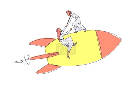 Kontinuierliche Linienziehung arabischer Geschäftsmann hilft Kollegen, fliegende Rakete zu klettern. Metapher-Hilfe bei der Verwaltung von Unternehmenszweigen. Wie das vorherige Geschäft schossen die Preise in die Höhe. Einzeilige Vektordarstellung