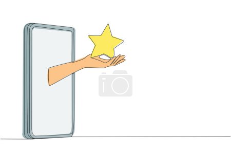 Continuous one line drawing hand coming out from the middle of the smartphone holding a star. Star given by customer to seller for satisfaction. Shopping. Single line draw design vector illustration