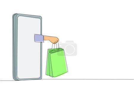 Single one line drawing hand comes out from the middle of the smartphone holding a paper bag. Environmentally friendly shopping bags. Online stuff shopping. Continuous line design graphic illustration