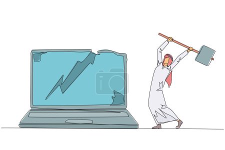 Une seule ligne dessinant homme d'affaires arabe se préparant à frapper ordinateur portable. Saccage. Détruire une technologie qui ne peut pas être utilisée de manière optimale. Améliorez le matériel et les logiciels cérébraux. Illustration graphique en ligne continue