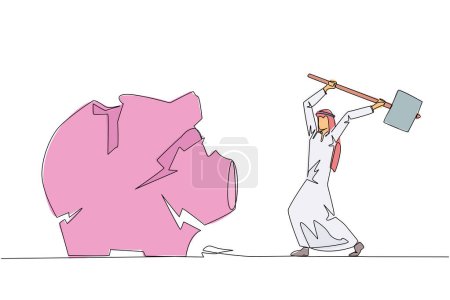 Single continuous line drawing Arabian businessman preparing to hit the big piggy bank. Running out of capital. Unprofitable business. Trying new luck. Rise again. One line design vector illustration