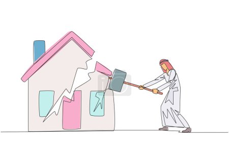 Eine einzige Zeile zeichnet einen arabischen Geschäftsmann, der sich anschickt, ein Miniaturhaus zu treffen. Metapher des Hauses als Sicherheit für die Zahlung. Scheitert. Die Heimat ist weg. Bankrott. Durchgehende Liniengestaltung grafische Illustration