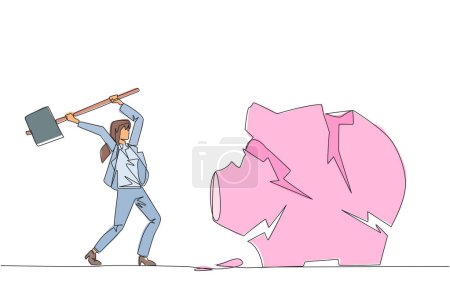 Single continuous line drawing businesswoman preparing to hit big piggy bank. Rampage. Running out of capital. Unprofitable business. Trying new luck. Rise again. One line design vector illustration