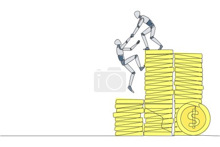 Continuous one line drawing robot helps colleague climb a pile of coins. Metaphor help achieve financial targets before entering retirement. Teamwork. Single line draw design vector illustration