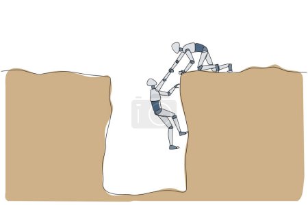 Single one line drawing smart robotic helps colleague climbing a wide hole. Teamwork helps colleague who fallen. Inviting success together. Cohesive AI. Continuous line design graphic illustration